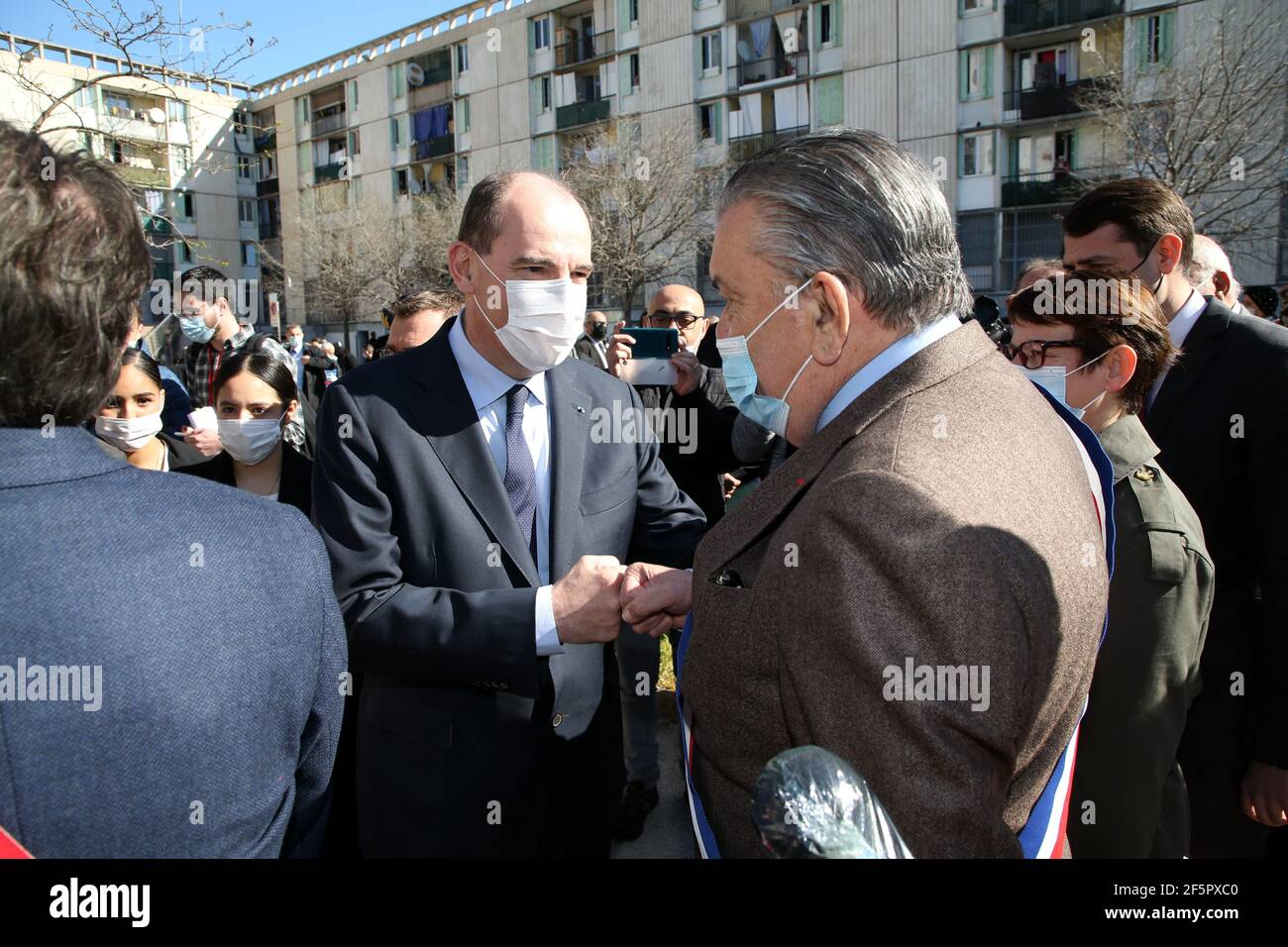 Jean Castex and Jean-Paul Fournier Mayor of Nimes.French Prime Minister Jean  Castex speaks with local inhabitants as they visit the Pissevin popular  neighbourhood in Nimes, France, on March 27, 2021, as part