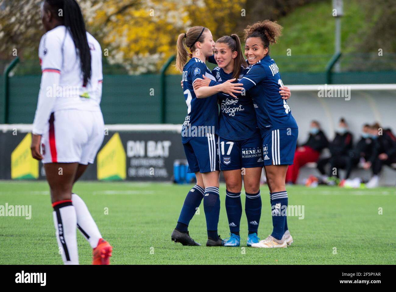 Eve Perisset of FC Girondins de Bordeaux celebrates after scoring during  the Women's French championship D1 Arkema football match between FC Fleury  91 and Girondins de Bordeaux on March 27, 2021 at