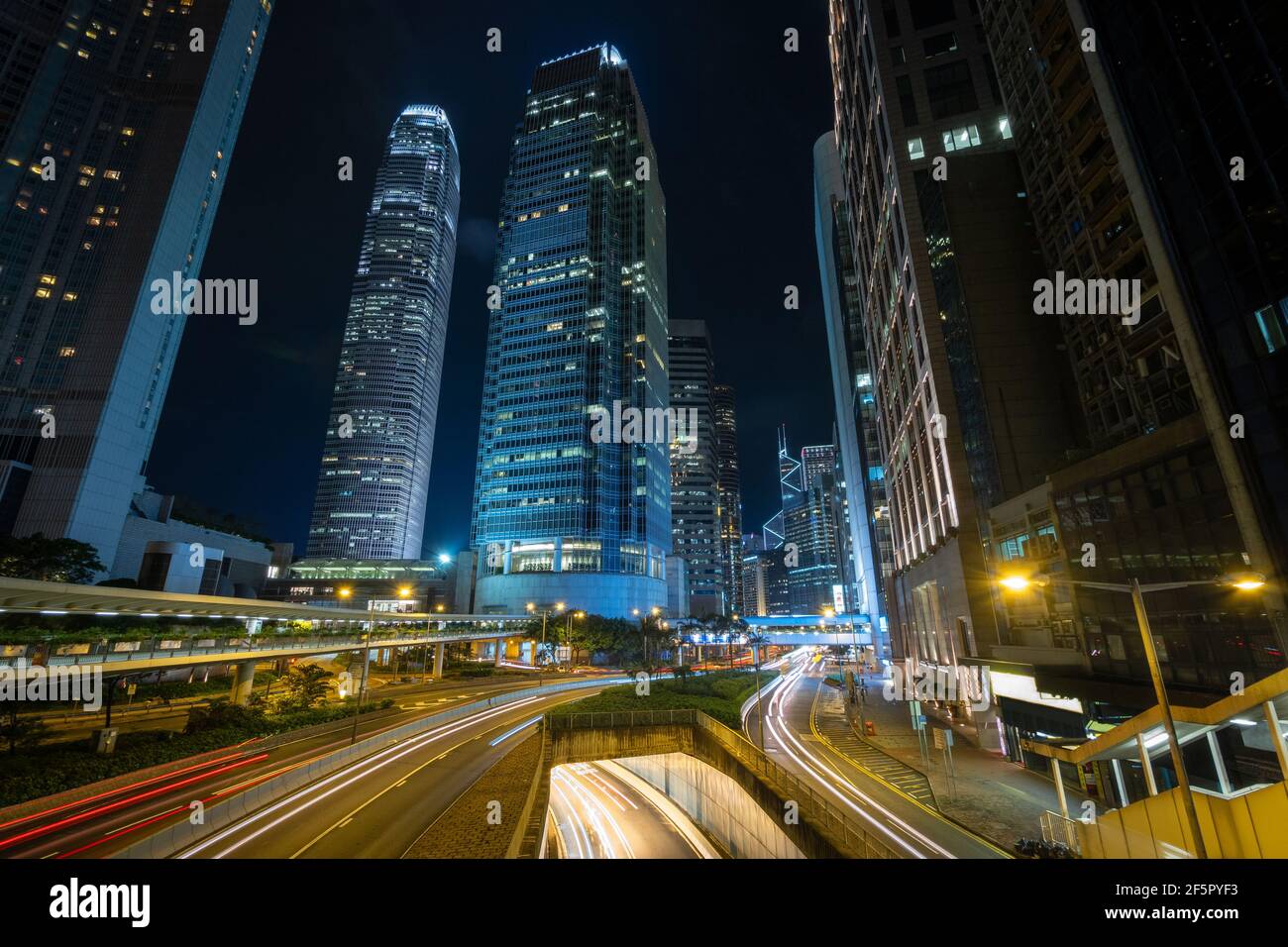 Night view of modern high rise buildings in the financial district of Hong Kong, China. Stock Photo