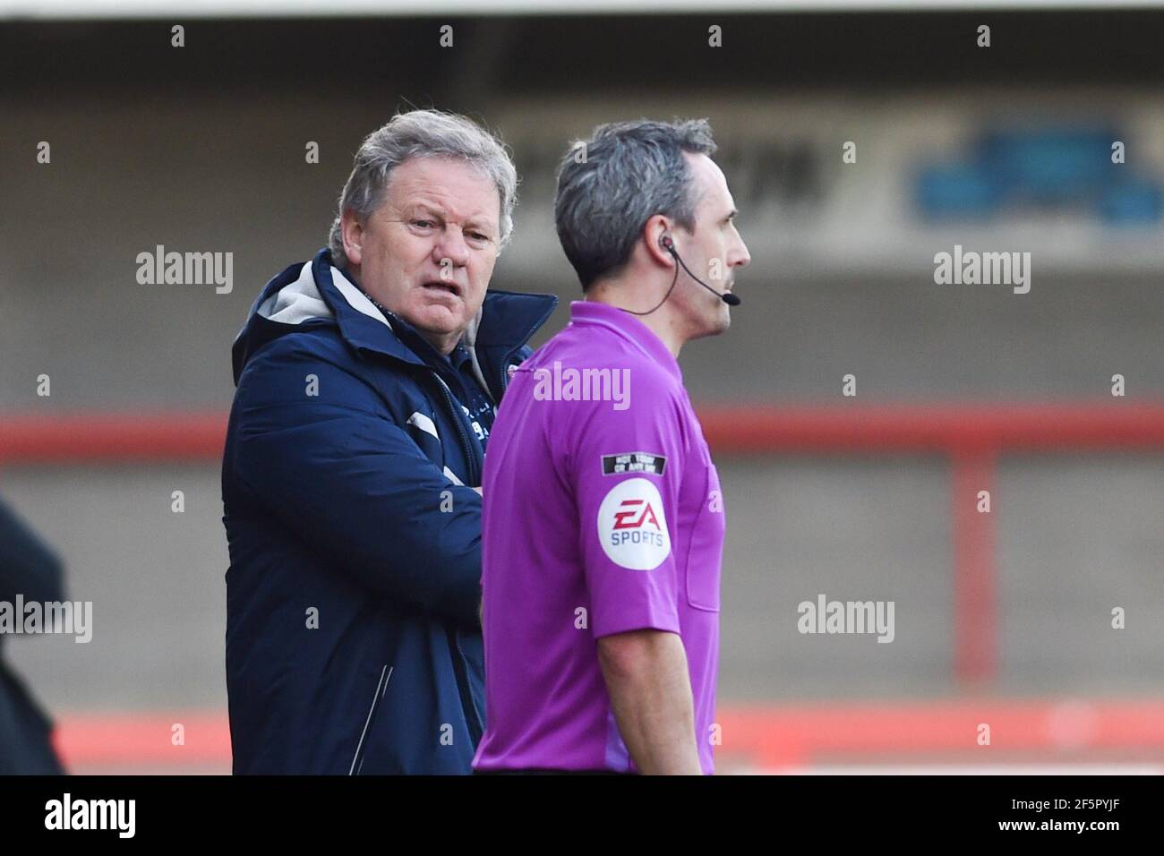 Crawley manager John Yems shows his frustration during the Sky Bet League Two match between Crawley Town and Port Vale at the People's Pension Stadium   , Crawley ,  UK - 27th March 2021 -  Editorial use only. No merchandising. For Football images FA and Premier League restrictions apply inc. no internet/mobile usage without FAPL license - for details contact Football Dataco Stock Photo