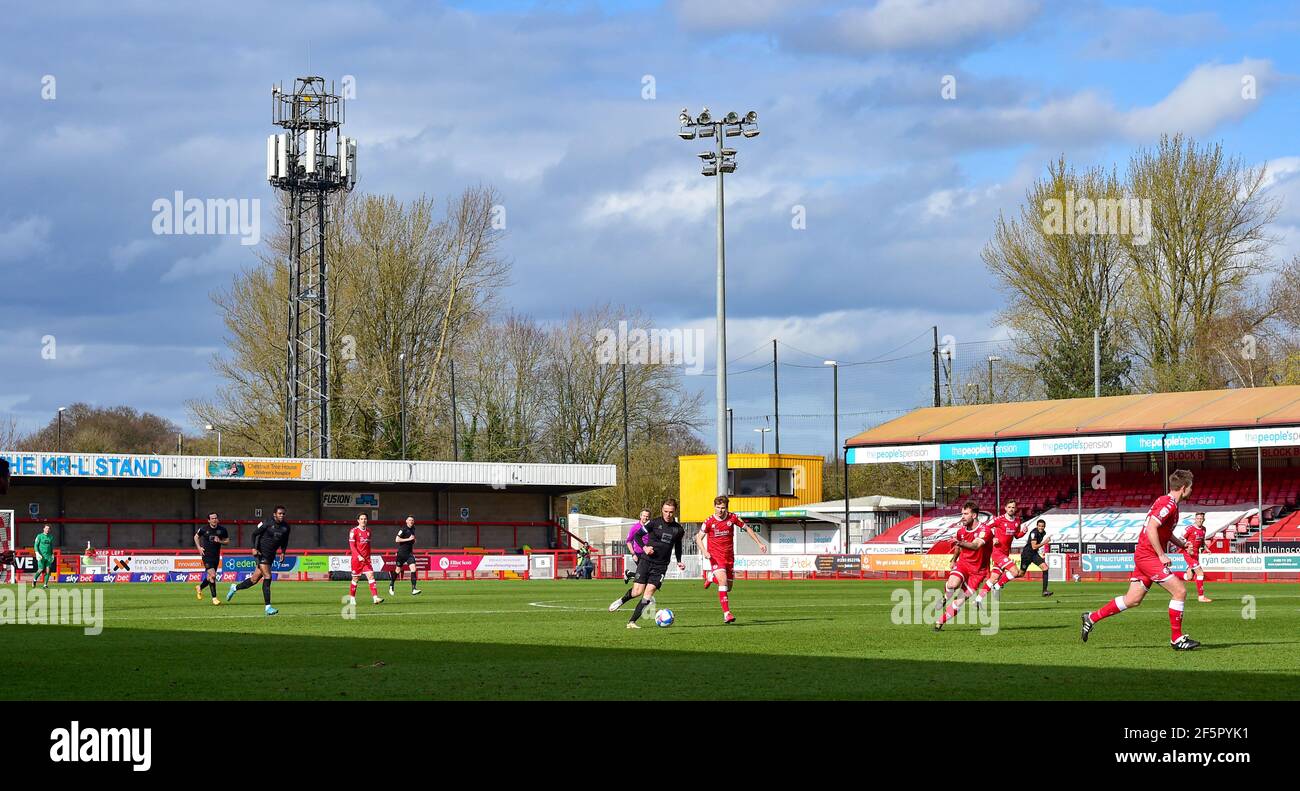 Action during the Sky Bet League Two match between Crawley Town and Port Vale at the People's Pension Stadium   , Crawley ,  UK - 27th March 2021 - Editorial use only. No merchandising. For Football images FA and Premier League restrictions apply inc. no internet/mobile usage without FAPL license - for details contact Football Dataco Stock Photo