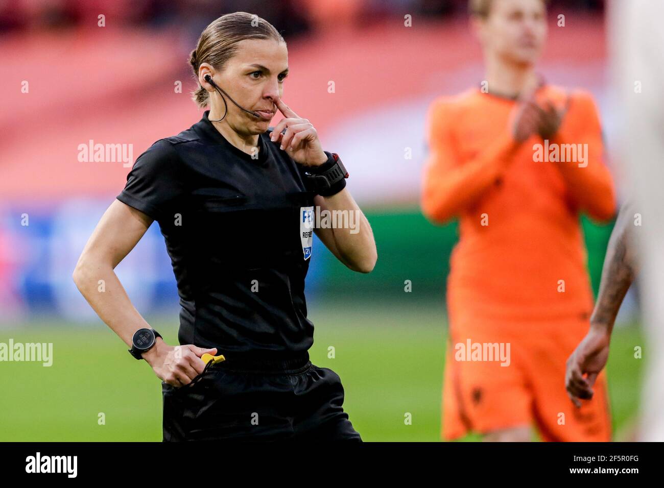 AMSTERDAM, NETHERLANDS - MARCH 27: Referee Stephanie Frappart during the FIFA World Cup 2022 Quatar Qualifier match between Netherlands and Latvia at Stock Photo