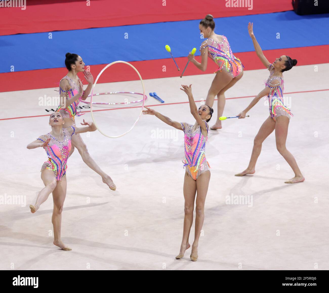 Sofia, Bulgaria - 27 March, 2021: Team Spain perform during the 3 Hoops + 2  pairs of Clubs group qualifications at the 2021 Rhythmic Gymnastics Sofia  World Cup Stock Photo - Alamy
