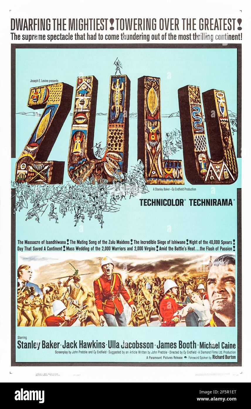 Zulu (1964) directed by Cy Endfield and starring Michael Caine, Stanley Baker, Jack Hawkins, James Booth and Ulla Jacobsson. Epic account of the Battle of Rorke's Drift in the Anglo-Zulu War where around 150 British soldiers battled with 3-4000 Zulu warriors. Stock Photo