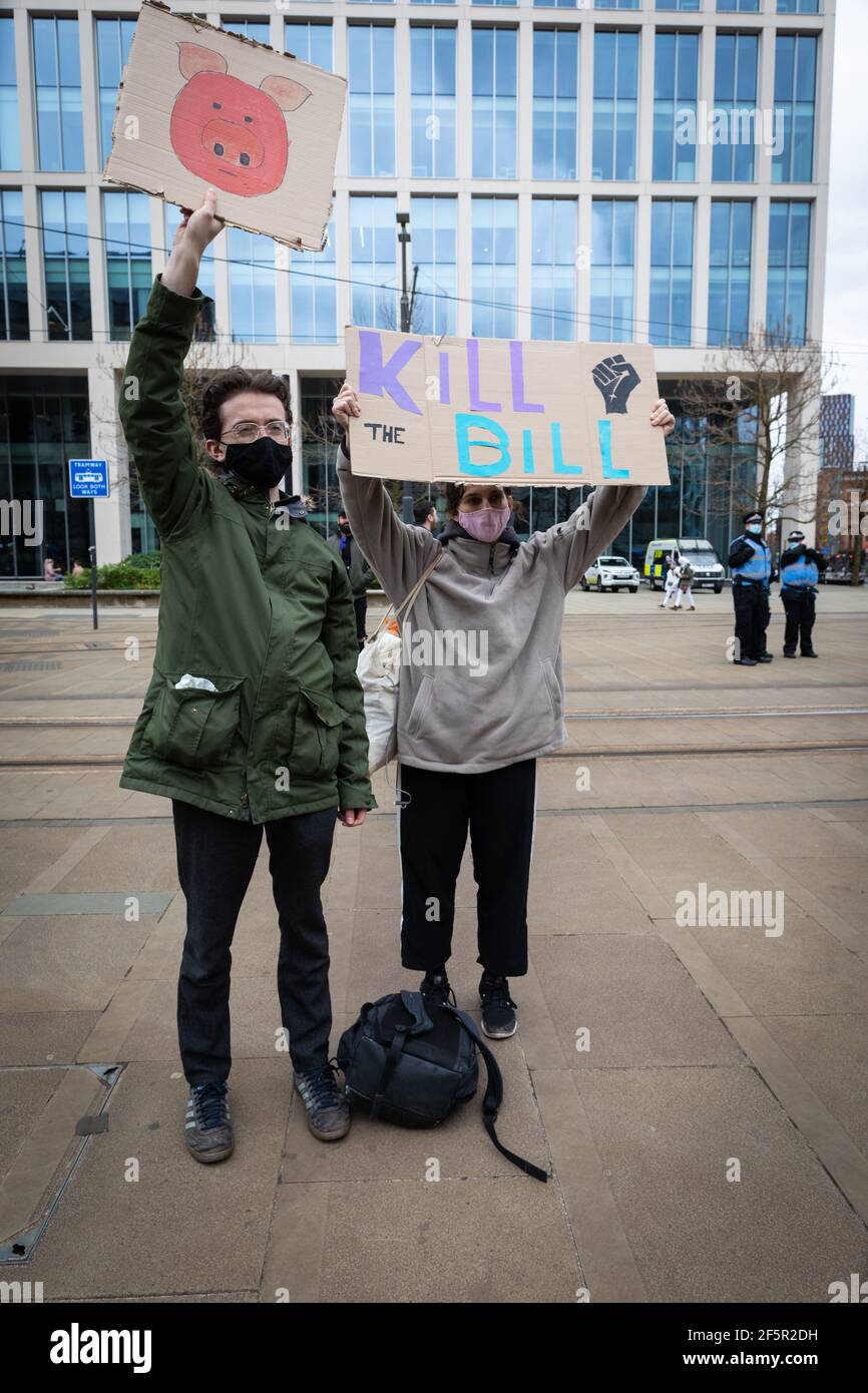 Manchester, UK. 27th Mar, 2021. Protesters gather in St Peters Square, ahead of a ÔKill The BillÕ demonstration. People come out to the streets to protest against the new policing bill. The new legislation will give the police more powers to control protests. Credit: Andy Barton/Alamy Live News Stock Photo