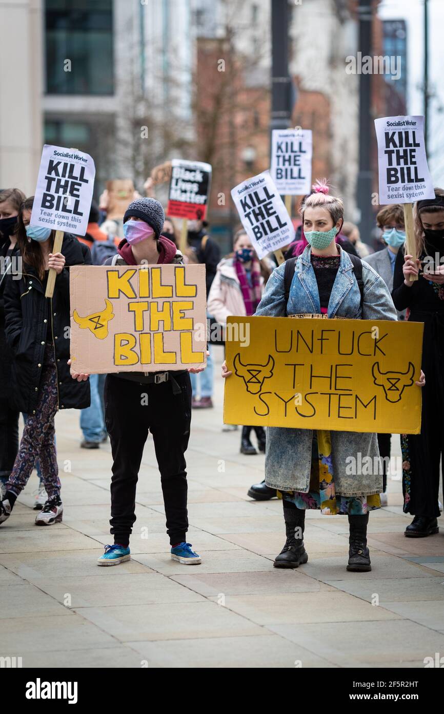 Manchester, UK. 27th Mar, 2021. Protesters gather in St Peters Square, ahead of a ÔKill The BillÕ demonstration. People come out to the streets to protest against the new policing bill. The new legislation will give the police more powers to control protests. Credit: Andy Barton/Alamy Live News Stock Photo