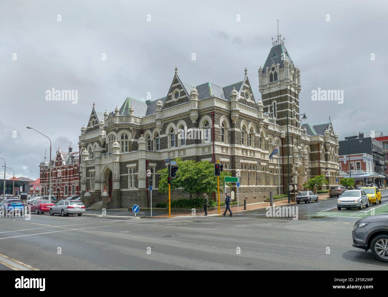 The Dunedin Railway Station in Dunedin, a city at the South Island of New Zealand Stock Photo