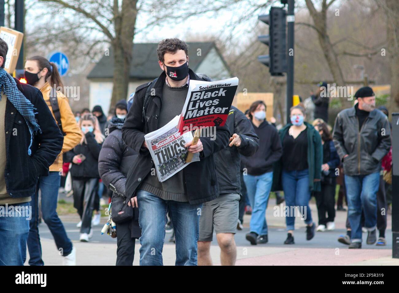 Brighton, UK. 27th Mar, 2021. Protesters gathered in Brighton this evening in protest against the new Police, Crime and courts bill. They then marched onto Brighton police station. Credit: Pete Abel/Alamy Live News Stock Photo