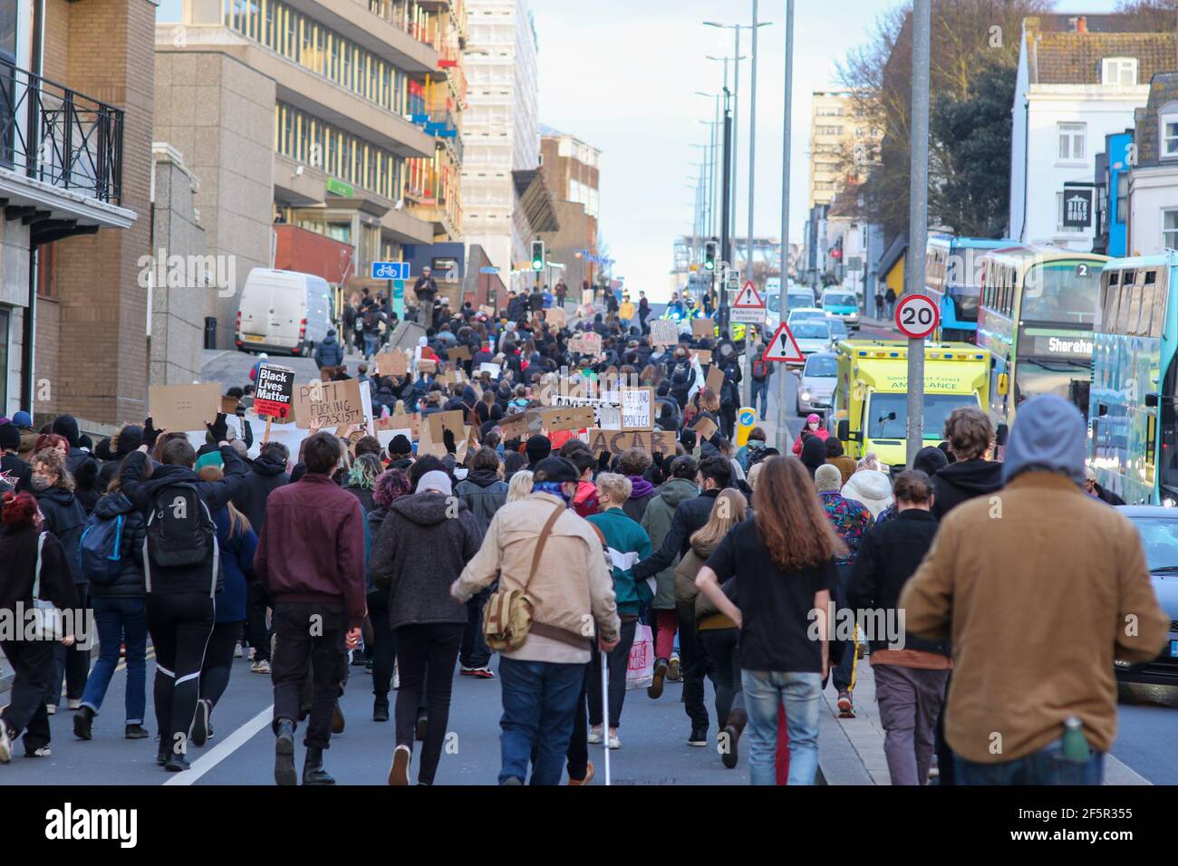 Brighton, UK. 27th Mar, 2021. Protesters gathered in Brighton this evening in protest against the new Police, Crime and courts bill. They then marched onto Brighton police station. Credit: Pete Abel/Alamy Live News Stock Photo