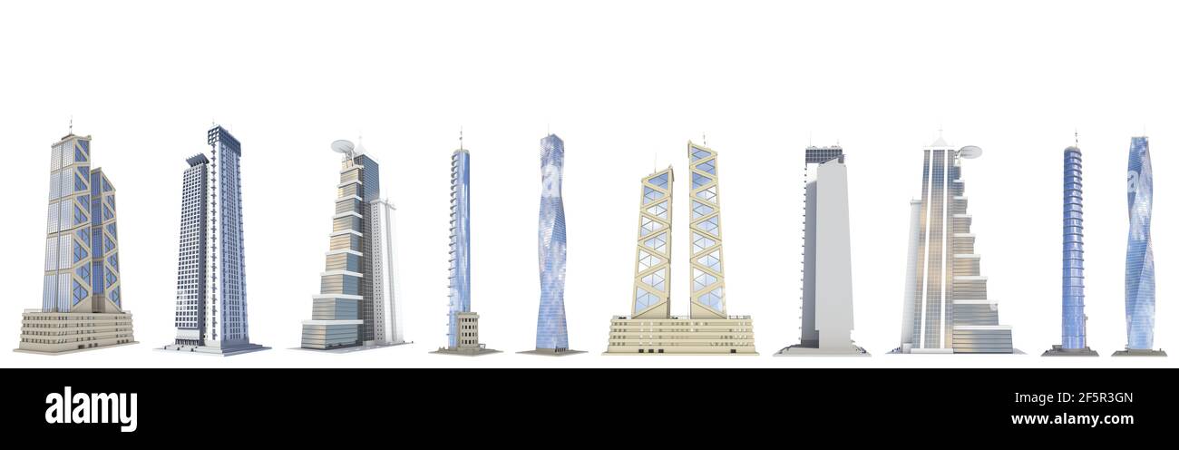 10 side view very detailed renders of fictional design hi-tech tall buildings with blue sky reflections - isolated, 3d illustration of architecture Stock Photo