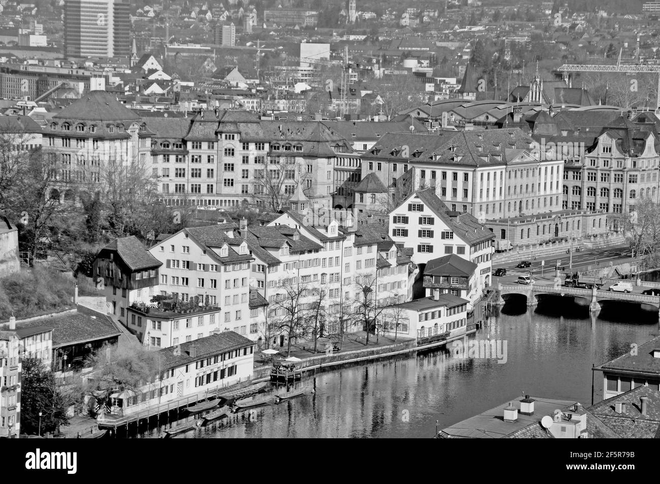 Panoramic view from the Grossminster-Tower to the old town of Zürich with the limmat river boat club and the police Station Urania Stock Photo
