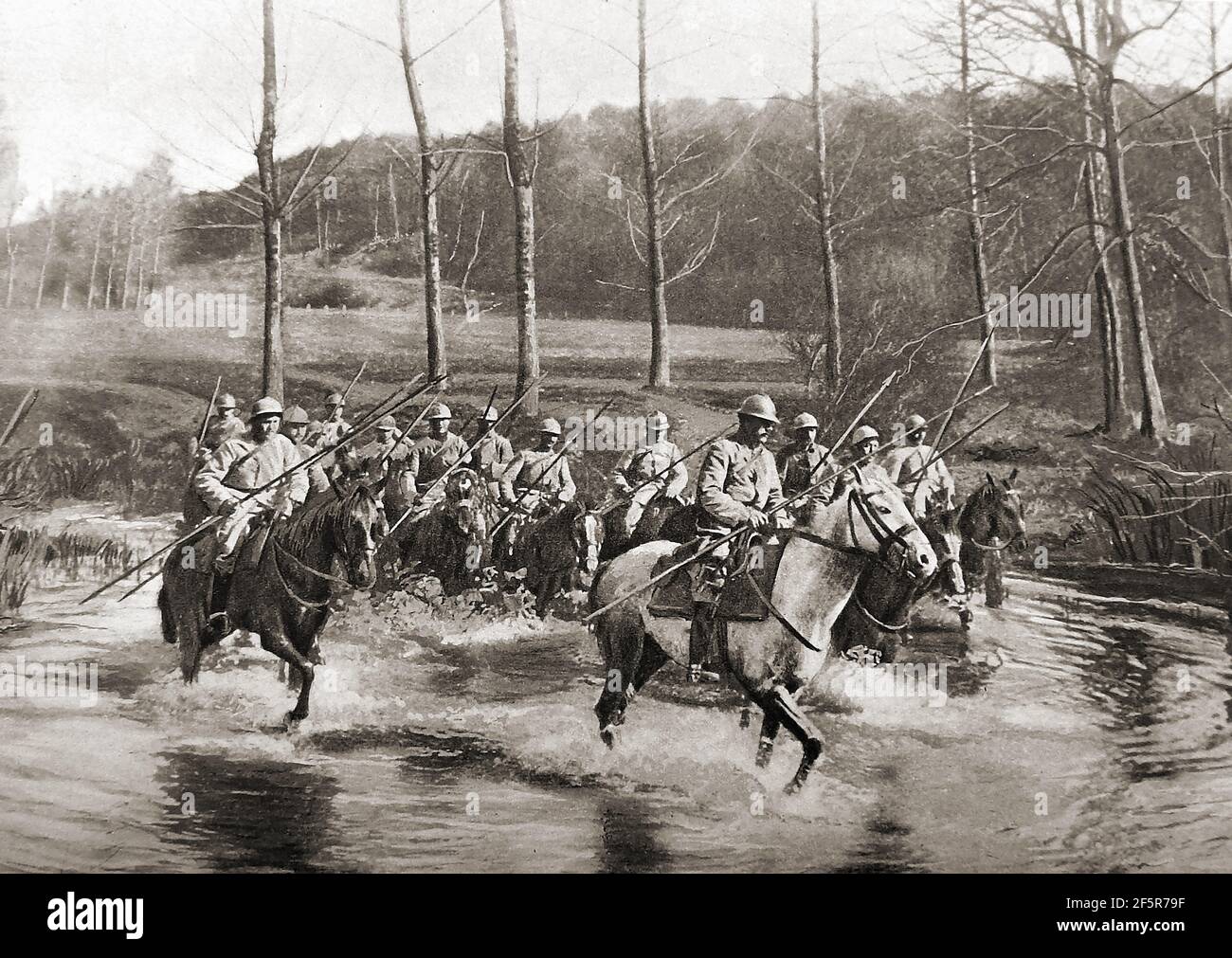 WWI - French Dragoons   near the front. They were considered one of the finest cavalry units of their time. Dragoons originally were a class of mounted infantry, who   dismounted  from their horses to fight on foot. From the early 17th century  dragoons were  employed as conventional cavalry and trained for combat with swords  or spears and firearms whilst still on horseback . The name dragoon  is derived from a type of firearm, called a dragon, which was a handgun version of a blunderbuss. The modern French Army retains three dragoon regiments of  the original  32 of WWI. Stock Photo