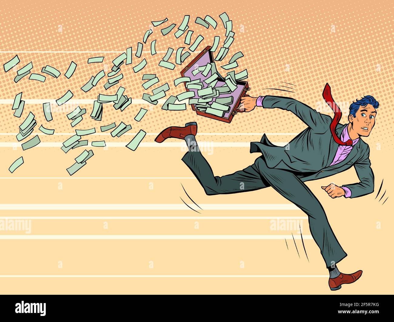 businessman runs and loses money Pop art retro illustration Stock Vector