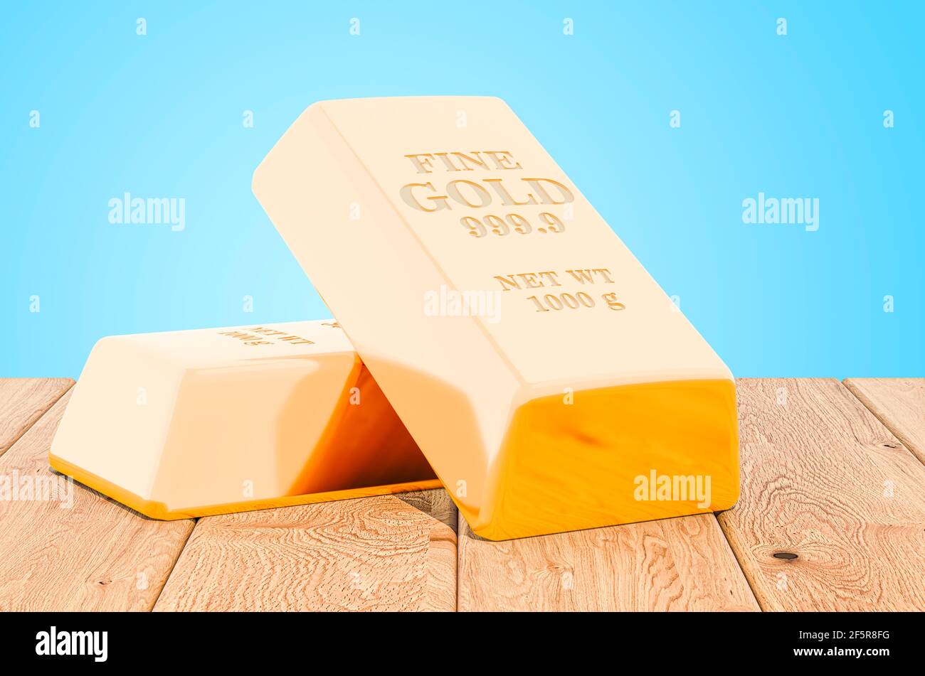 Gold ingots on the wooden planks, 3D rendering Stock Photo - Alamy