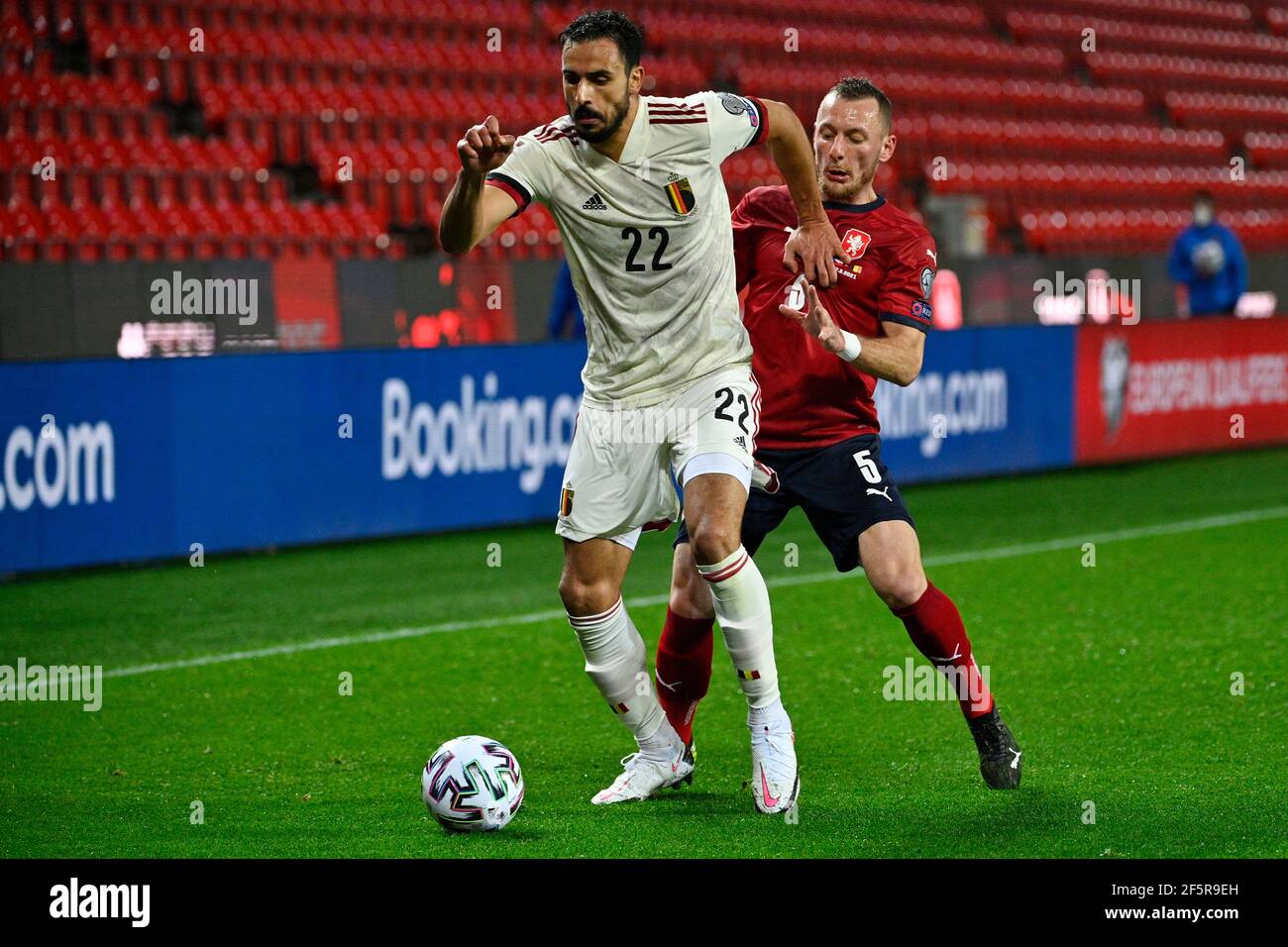 Prague, Czech Republic. 27th Mar, 2021. L-R Nacer Chadli of Belgium and Vladimir Coufal of Czech in action during the World Cup qualifier group E: Czechia vs Belgium in Prague, Czech Republic, on Saturday, March 27, 2021. Credit: Michal Kamaryt/CTK Photo/Alamy Live News Stock Photo