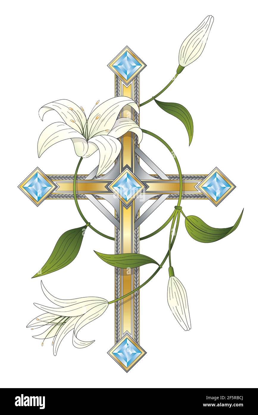 Sketch of an American traditional old school tattoo Christian Catholic cross with white lilies Stock Vector