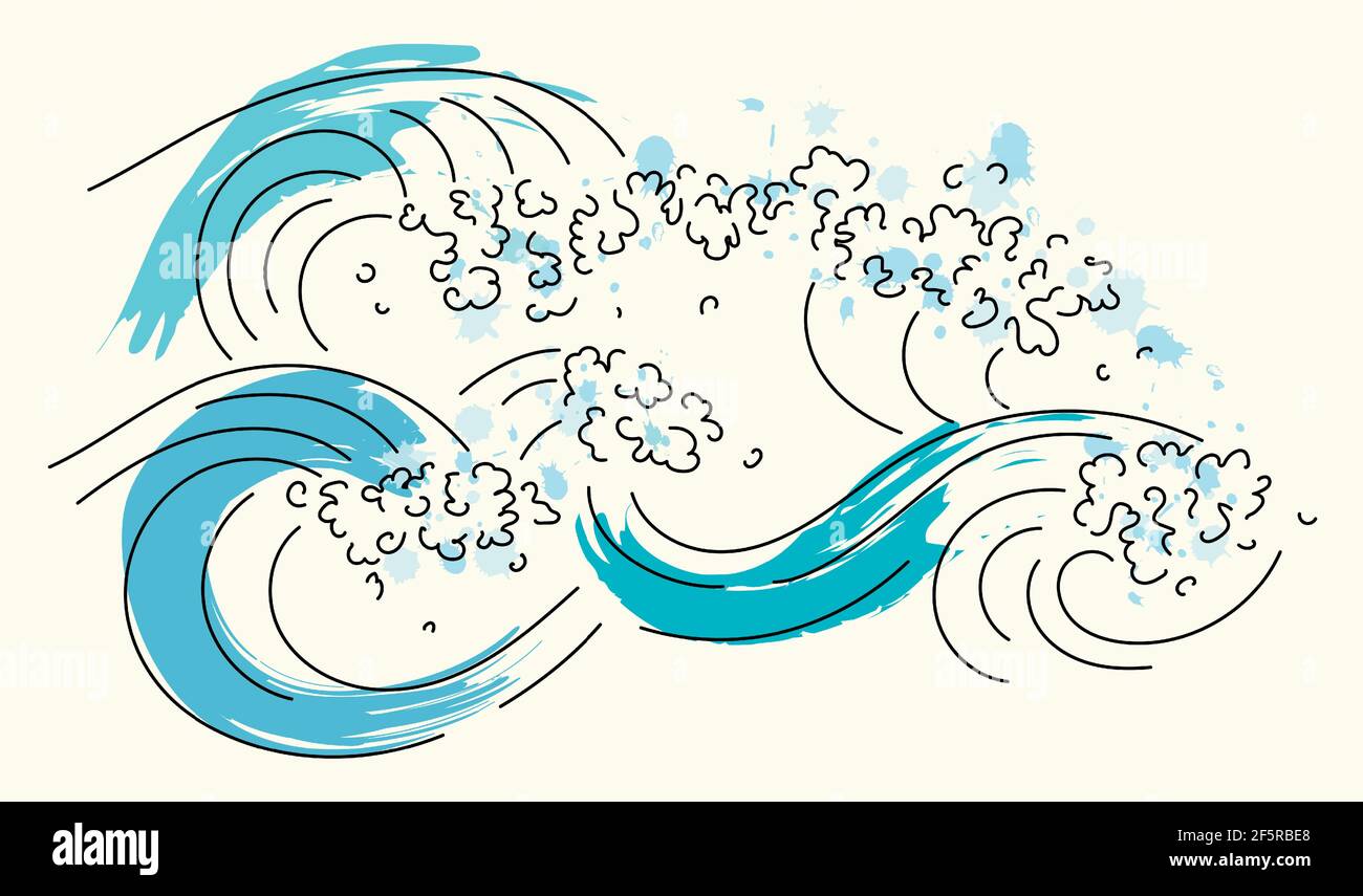 Vector minimalistic illustration of wave contours and splashes with paint spots. Line art with a color accent Stock Vector