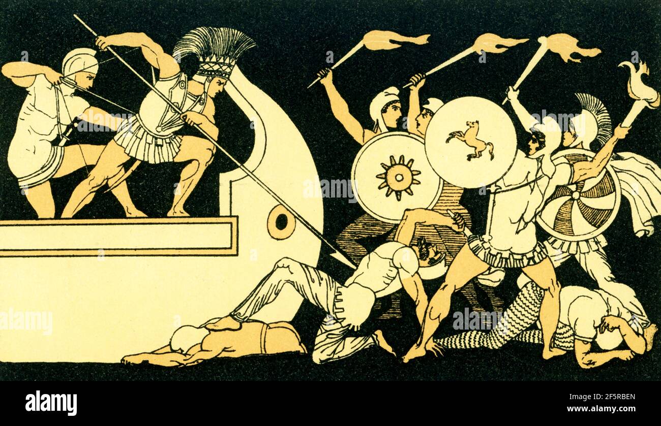This 1880s illustration accompanied a book on Homer and his epics, the Iliad and the Odyssey. It shows the scene in the Iliad when the Greek hero is defending the Greek ships from the Trojans. Stock Photo