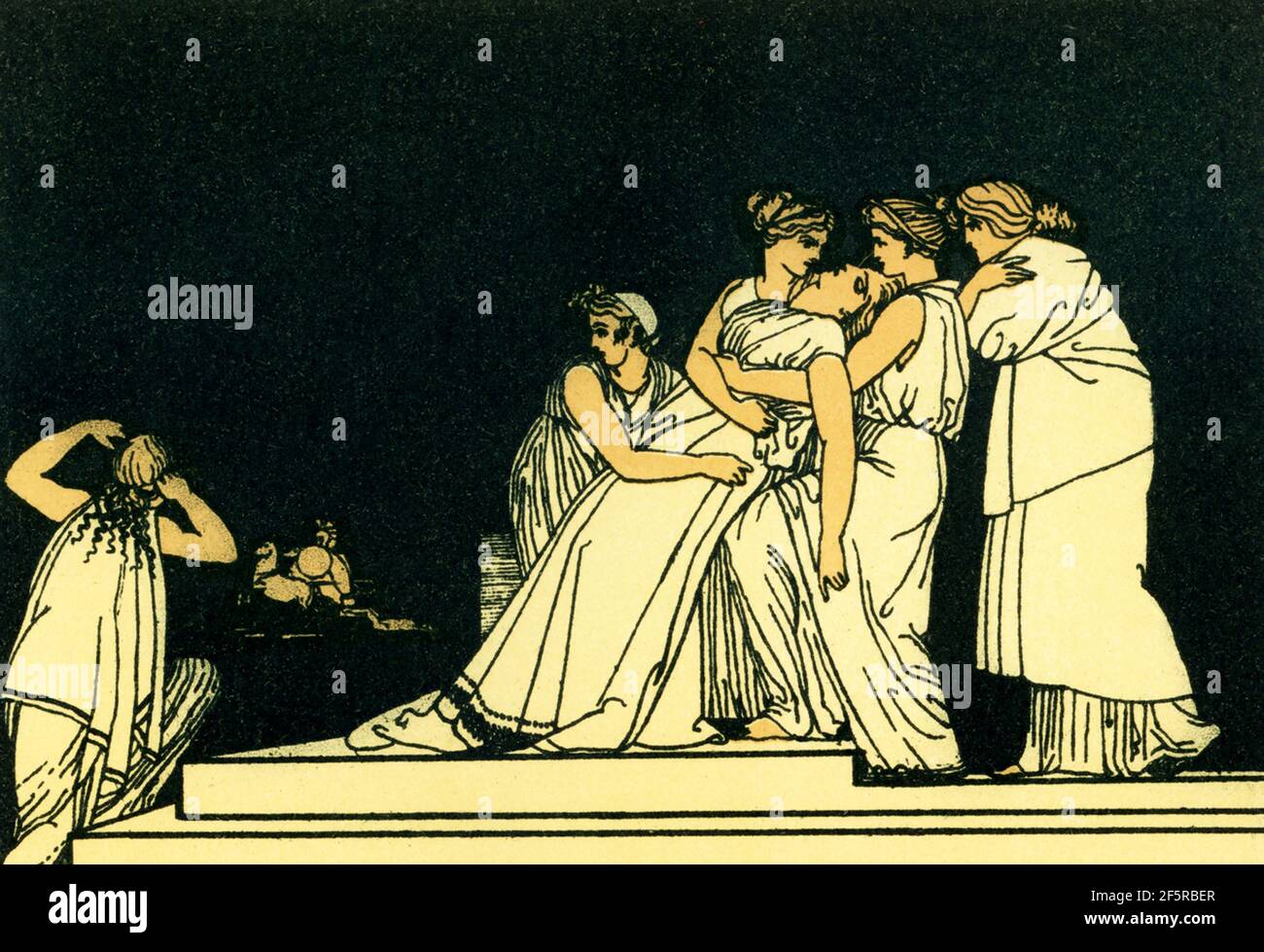 This 1880s illustration accompanied a book on Homer and his epics, the Iliad and the Odyssey. It shows the scene in the Iliad when Andromache faints on walls of Troy. Stock Photo