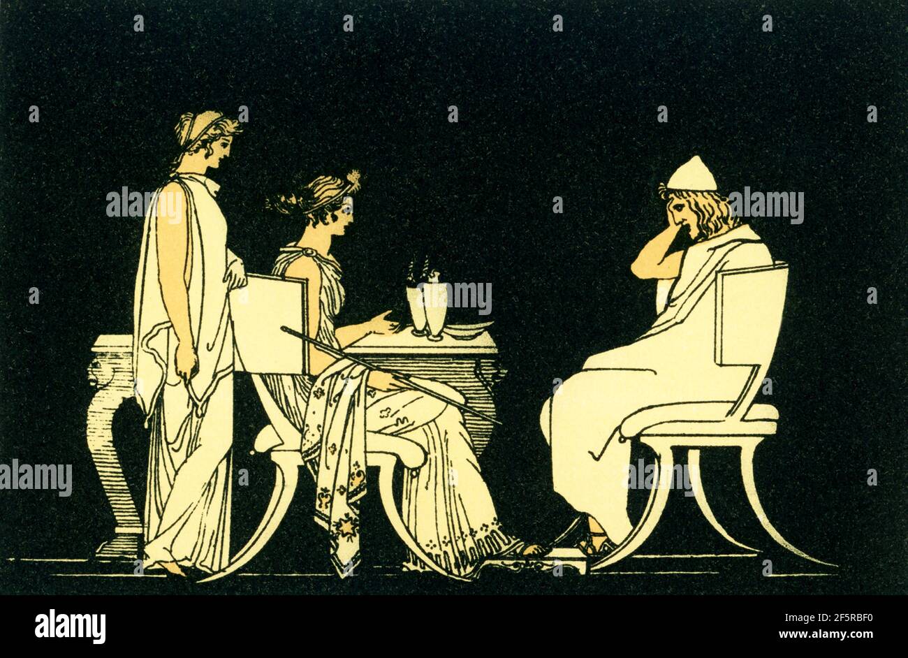 This 1880s illustration accompanied a book on Homer and his epics, the Iliad and the Odyssey. It shows the scene with the Greek hero Odysseus (Ulysses) at the table of Circe. According to ancient Greek mythology, Circe was a well-known enchantress. The daughter of Helios, she changed the companions of Odysseus into swine. Odysseus made Circe break the spell. Stock Photo