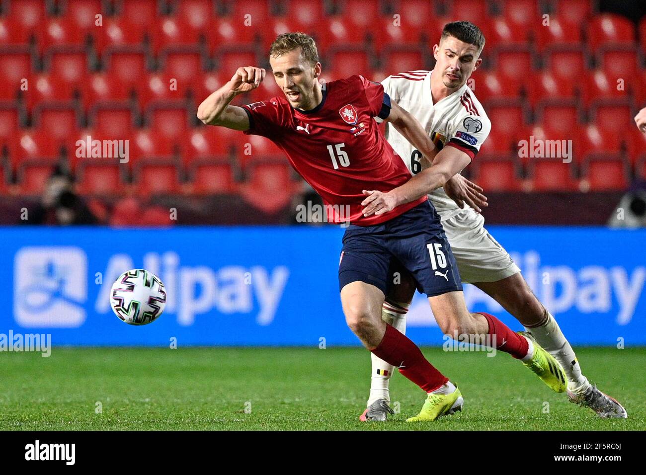 Czech's captain Tomas Soucek and Belgium's Leander Dendocnker fight for the ball during the match between the Czech Republic and the Belgian national Stock Photo