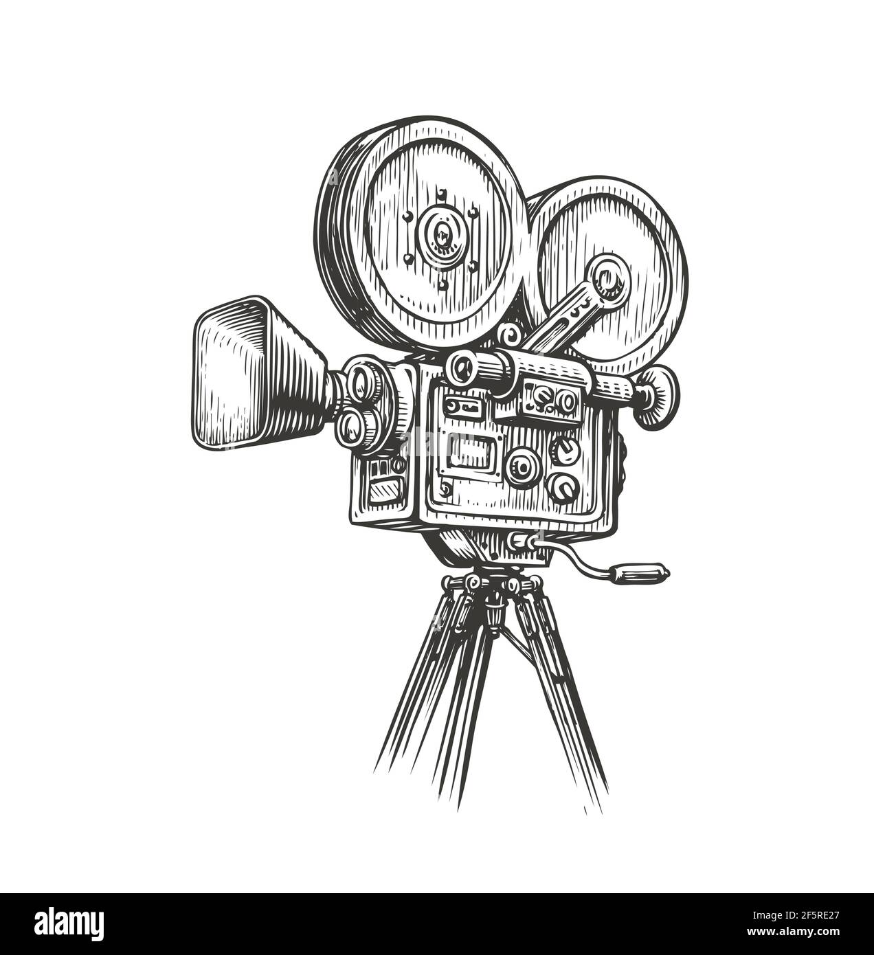 Old fashioned movie film camera sketch. Video production concept vintage vector illustration Stock Vector