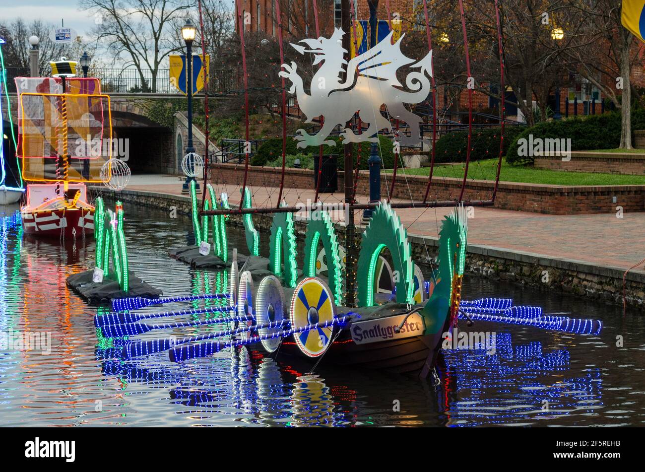 The Festival of Lights along the canal side in Frederick, Maryland at