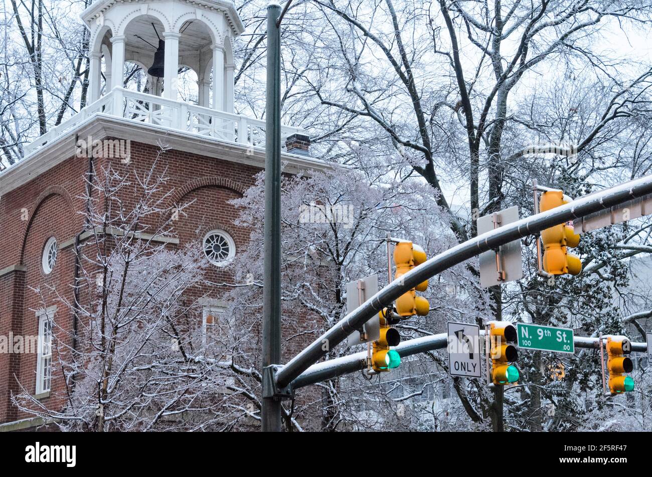 The Bell Tower at the Virginia Capitol Building in Richmond, Virginia during a winter ice storm. Stock Photo