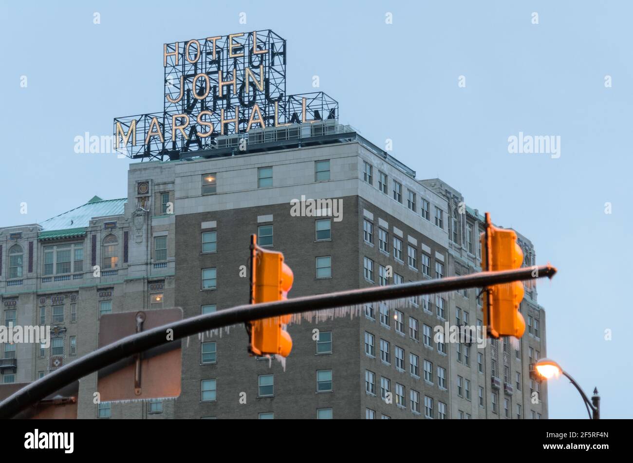 The Hotel John Marshall sign in Richmond, Virginia in the middle of a winter ice storm Stock Photo