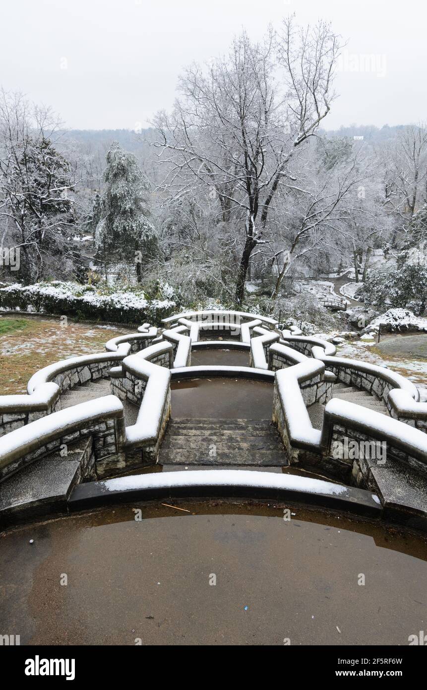 The Maymont Italian Garden in Maymont Park, Richmond, Virginia seen covered in ice and snow in the middle of winter Stock Photo
