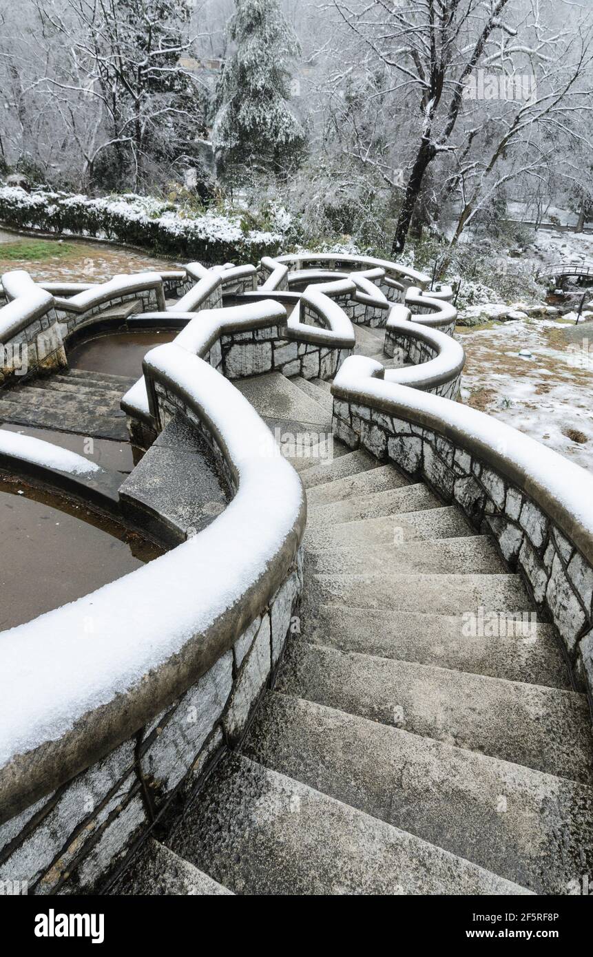 The Maymont Italian Garden in Maymont Park, Richmond, Virginia seen covered in ice and snow in the middle of winter Stock Photo