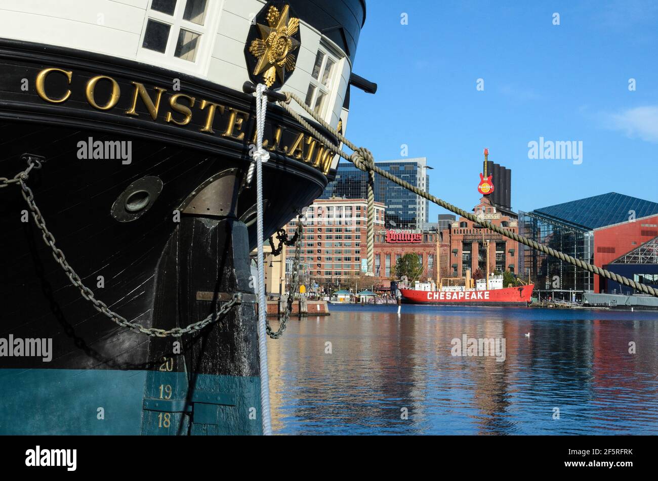 The USS Constellation and the Baltimore Skyline Stock Photo