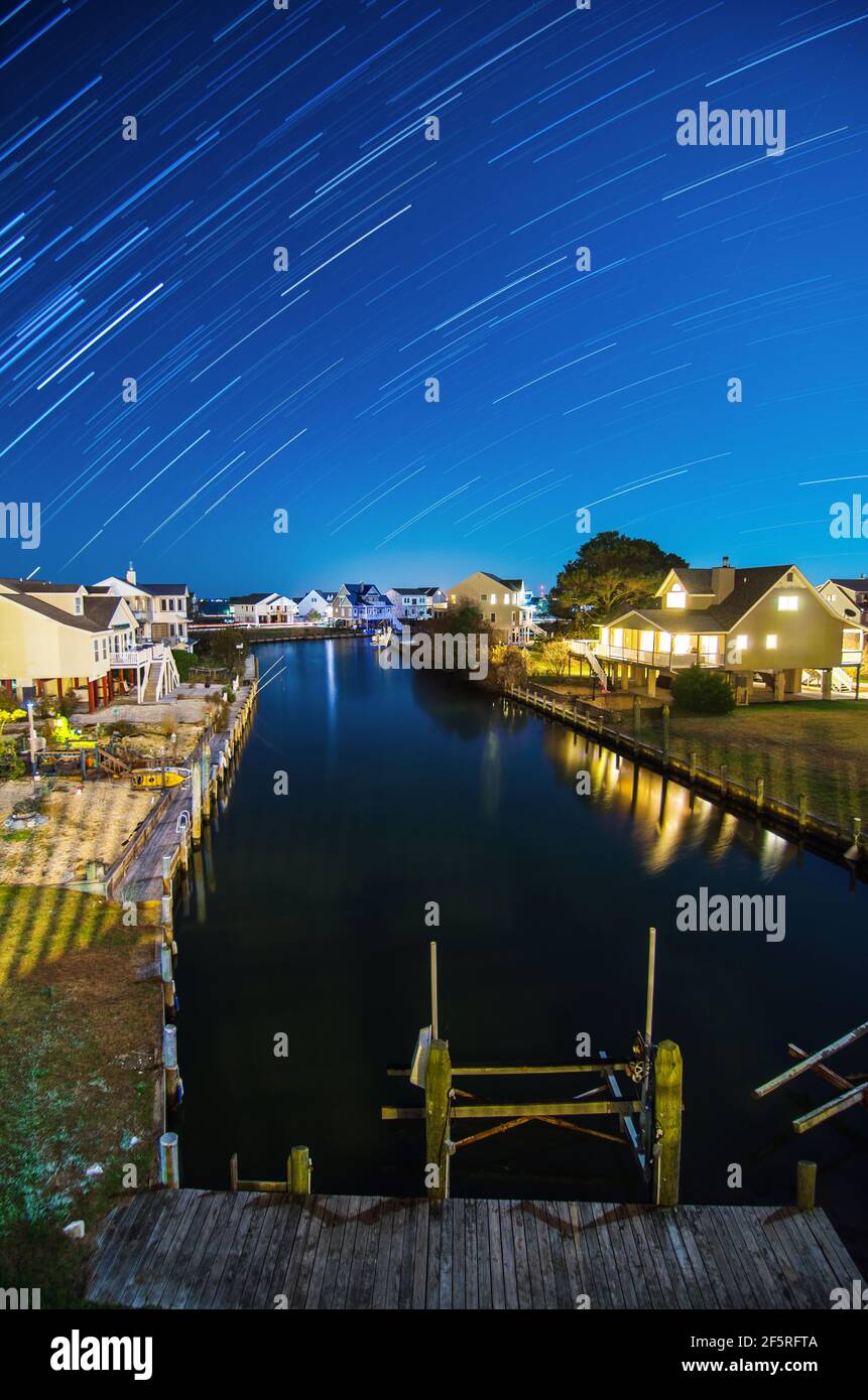 Startrails over Captain's Cove in Virginia, USA Stock Photo