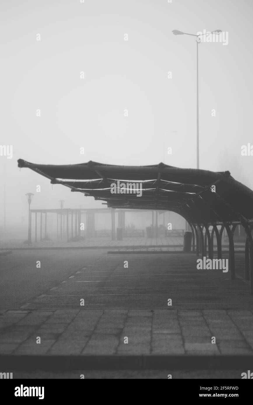 A vertical misty dark scenery with a view of a morning empty parking on the territory of a filling station with a curved metal roof of a canopy agains Stock Photo