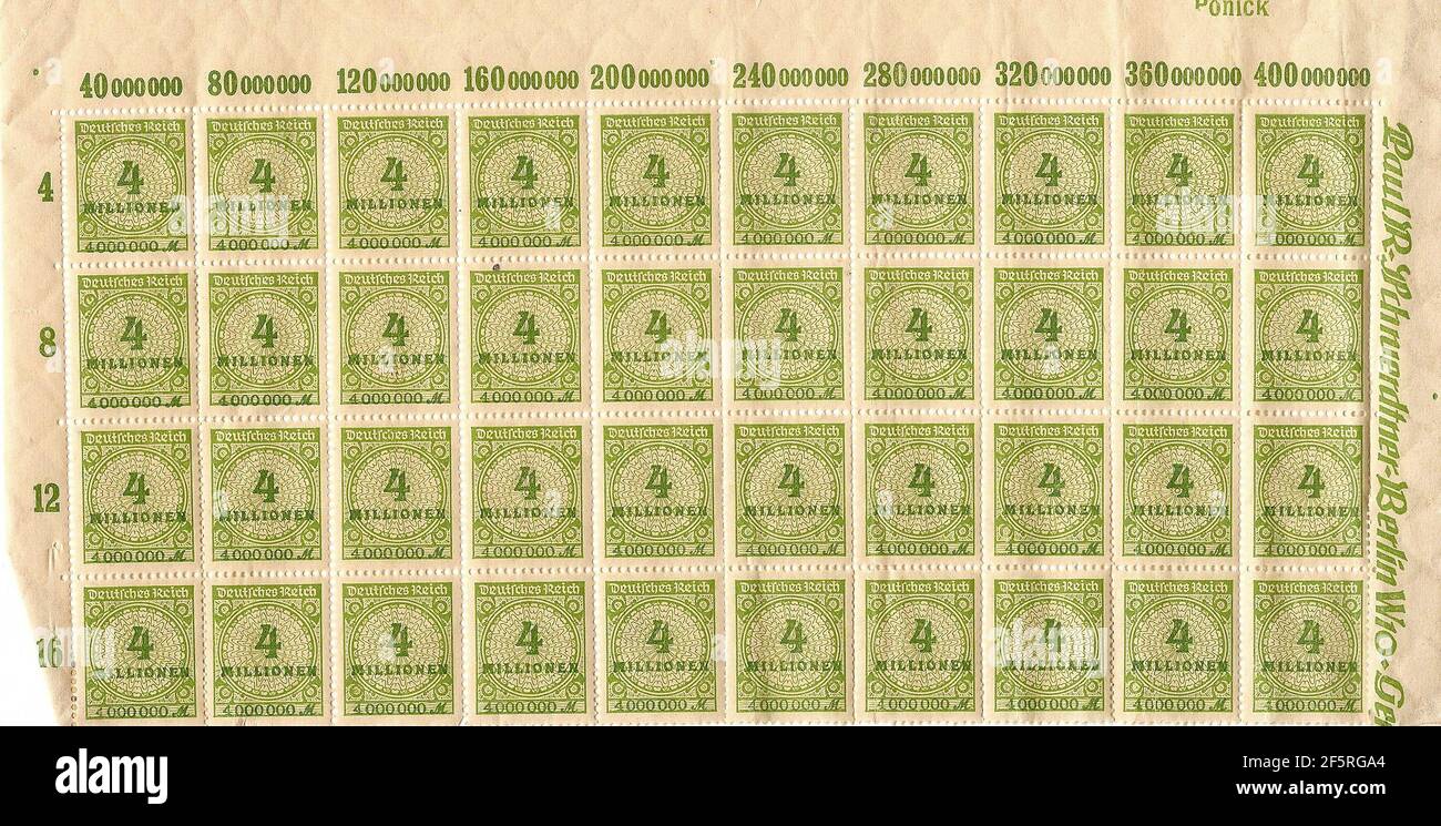 Inflation stamps from Weimar Republic -of the 1920-30s stamps worth millions of Deutch marks Stock Photo