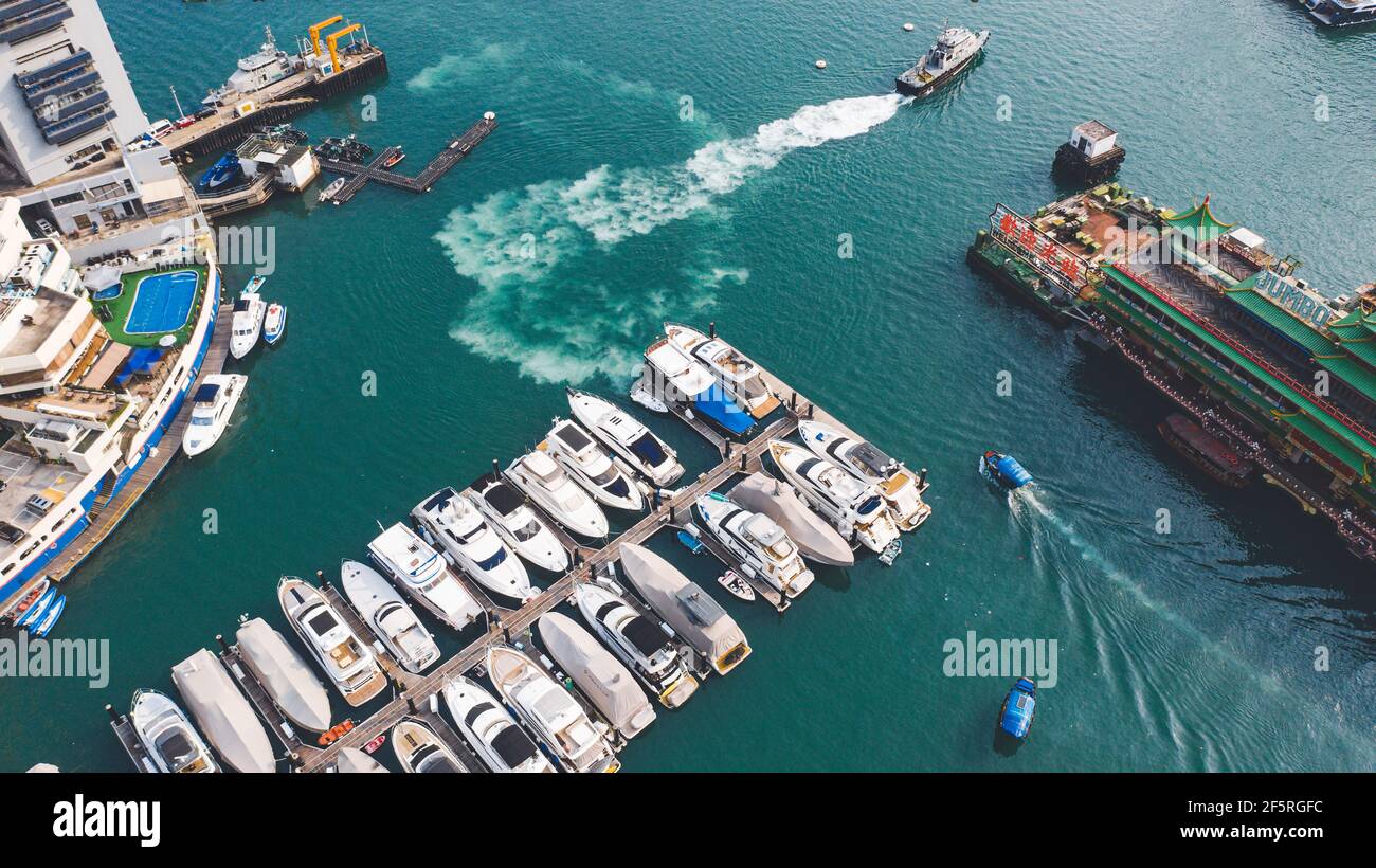 Aerial view of parked boats at harbour in Hong Kong Stock Photo - Alamy