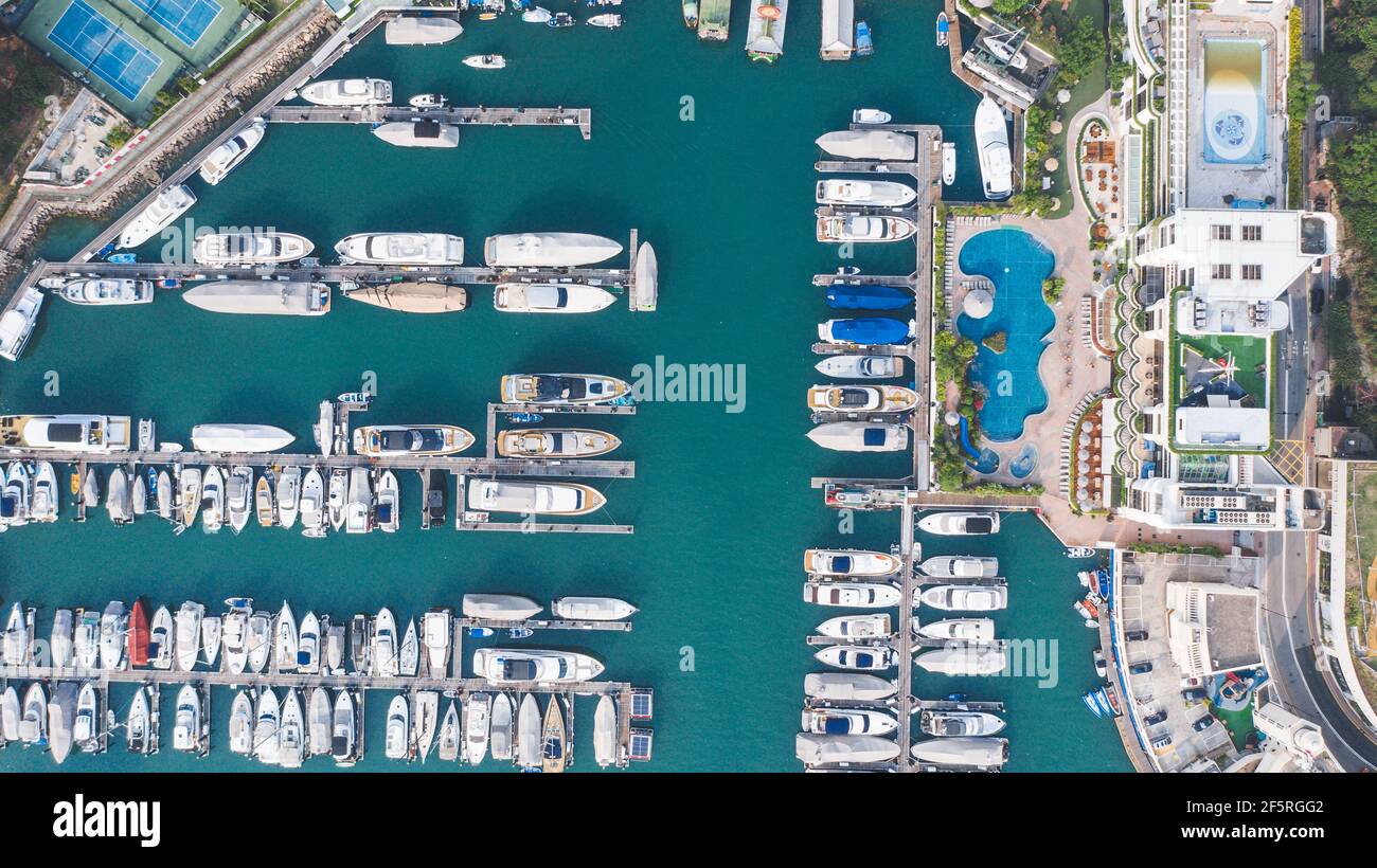 Aerial view of parked boats at the harbour in Hong Kong Stock Photo - Alamy