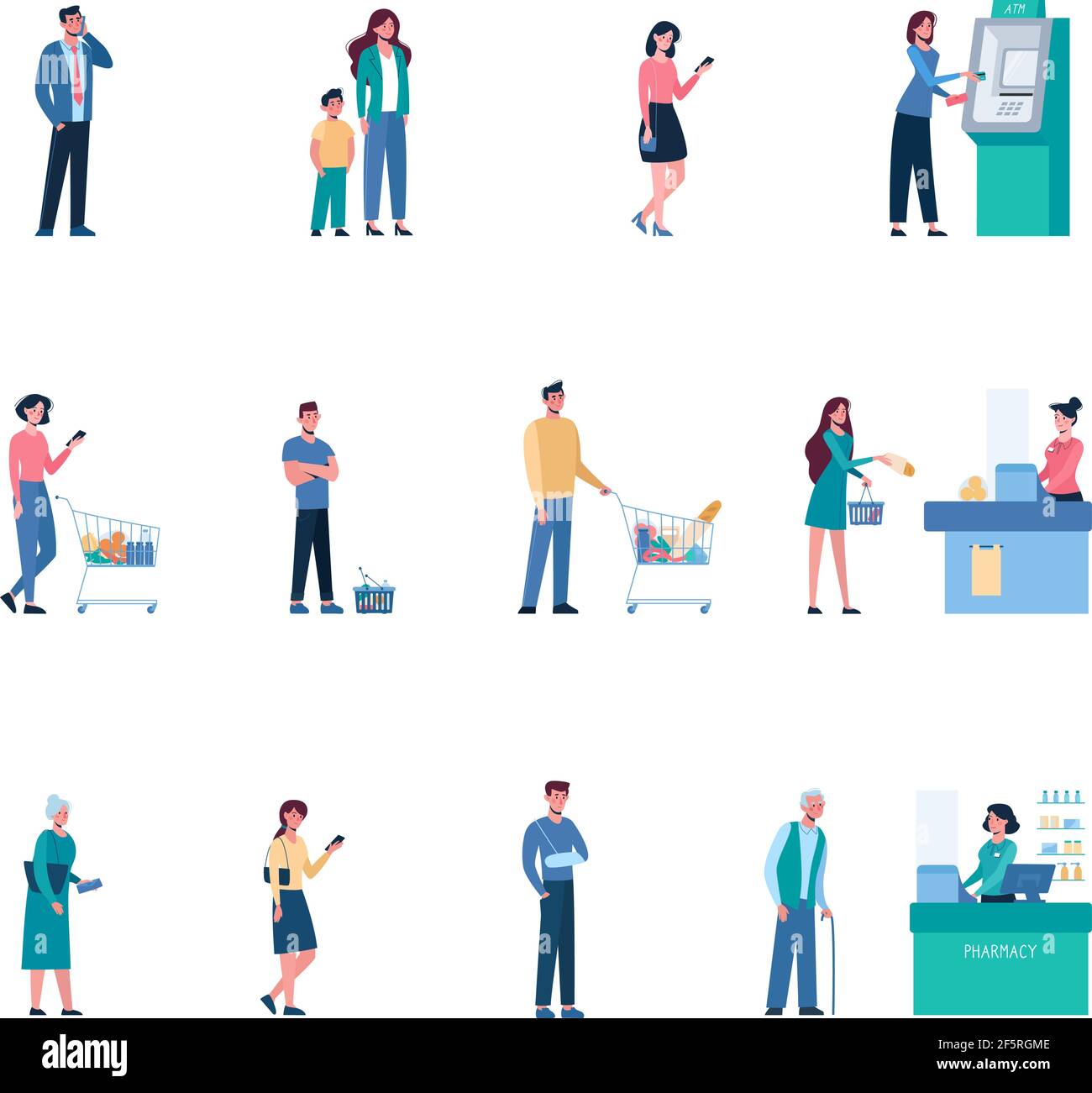 Vector set People keep their distance when they stand in line at the ATM, supermarket, pharmacy. Social safe distance between people so as not to spread the virus, coronavirus. Men and women, flat Stock Vector