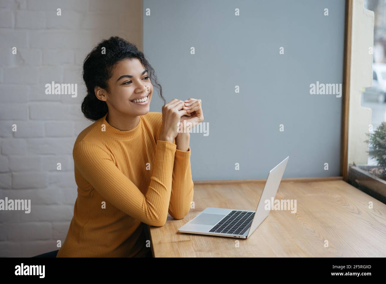 Portrait of happy copywriter using laptop computer, planning project. Smiling African American woman working from home. Successful business concept Stock Photo