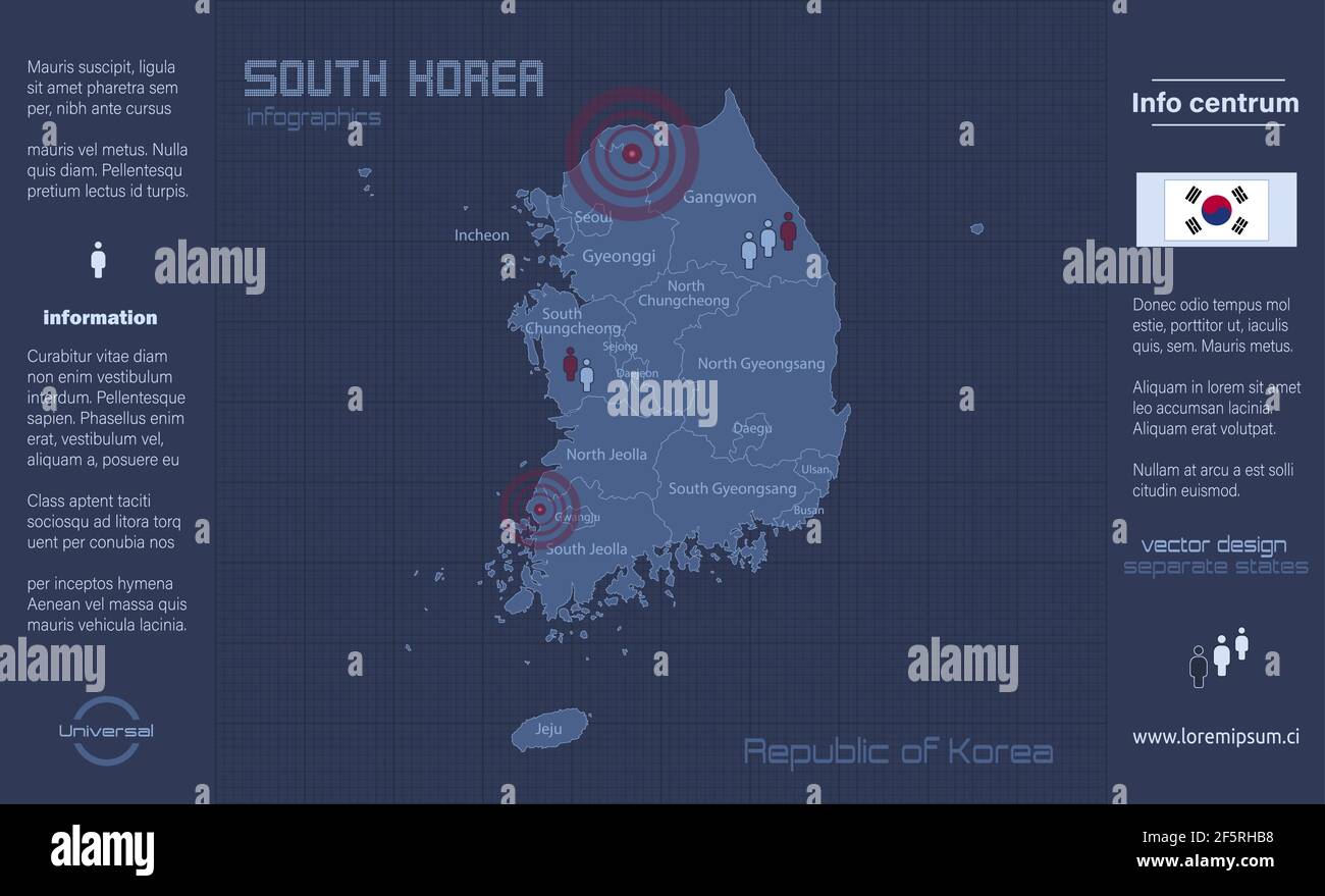 South Korea map, separate regions with names, infographics blue flat
