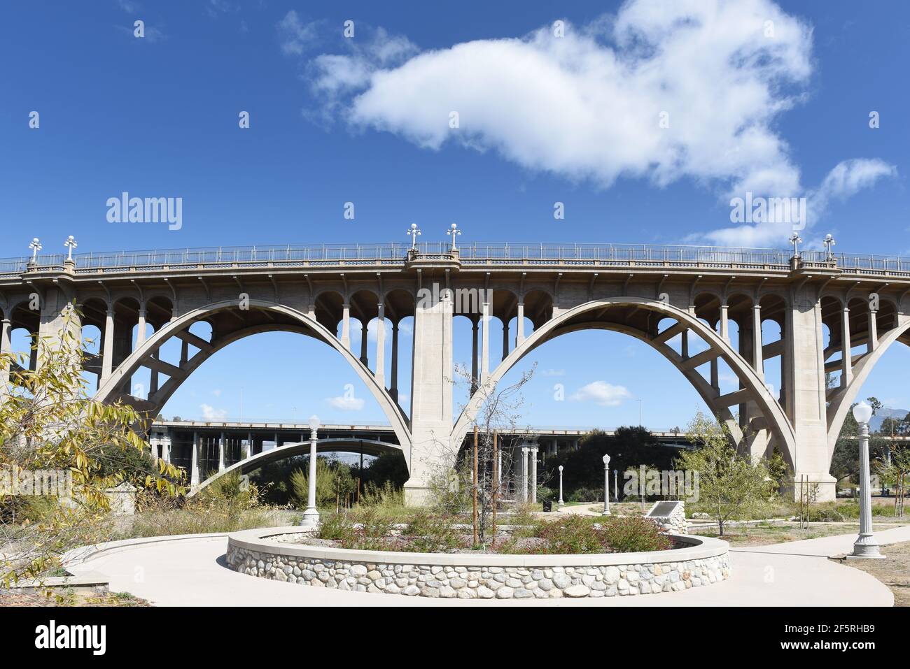 PASADENA, CALIFORNIA - 26 MAR 2021: The Colorado Street Bridge, seen from Desiderio Neighborhood Park Stock Photo