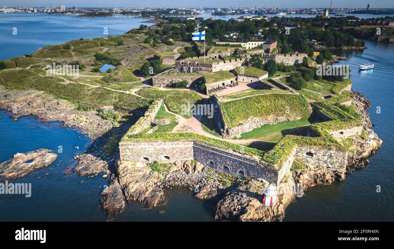 Aerial View Of The Famous Helsinki Suomenlinna Fortress From The Ocean 