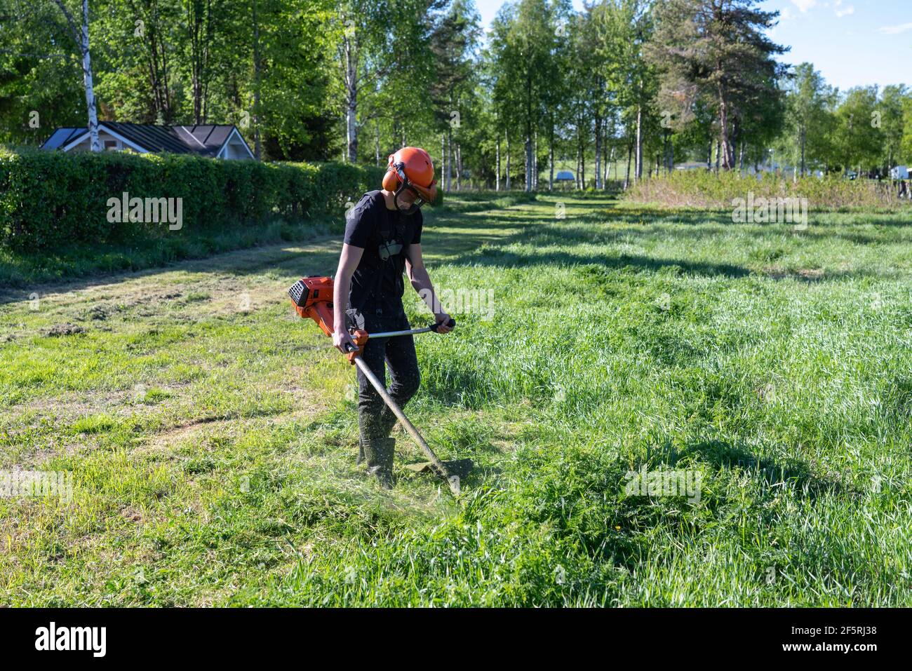 Right side view at teenage boy mowing grass with handheld gasoline lawn mower. He wears eye and ear protection headphones. Health and safety concept, Stock Photo