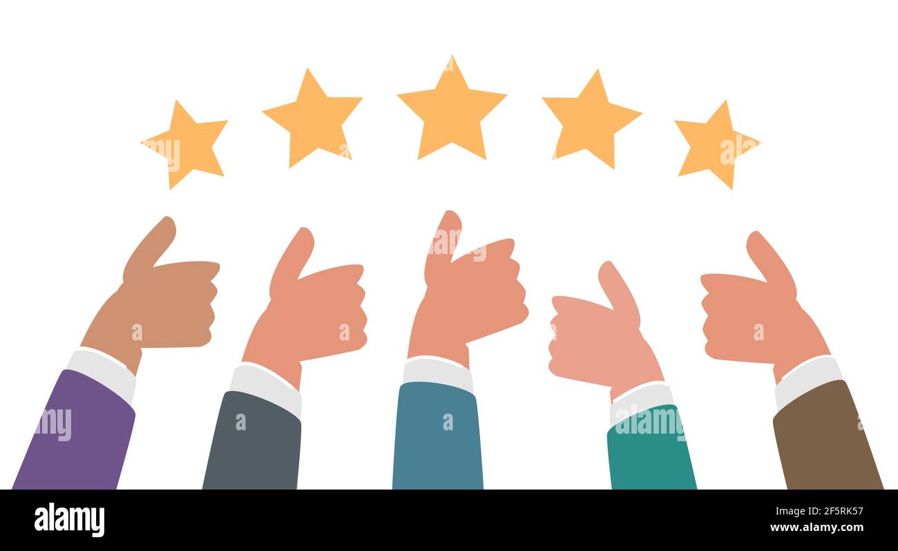 Many thumbs up. Business success concept. Social network likes, feedback vector flat illustration Stock Vector