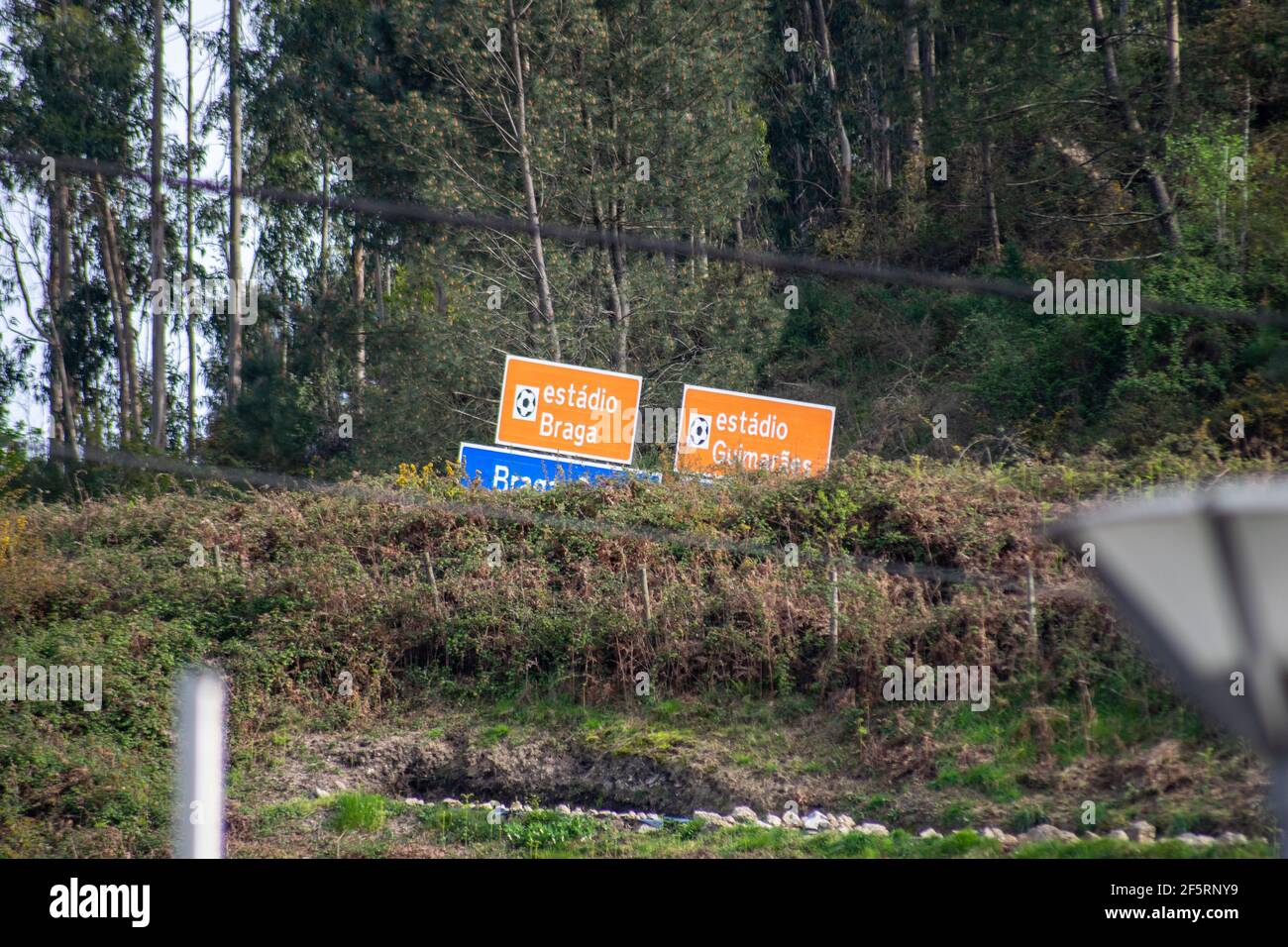 Estádio Braga e Estádio Guimarães indications in motorway Stock Photo