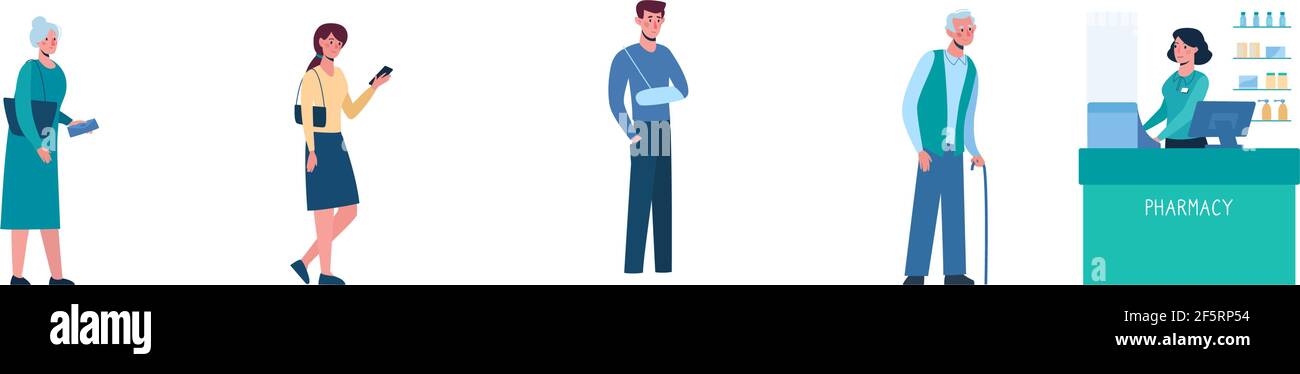 vector illustration of a queue in a pharmacy, safe social distance. Several people standing in line and keep social distance, so as not to spread virus, COVID-19. Men and women, flat, isolated Stock Vector