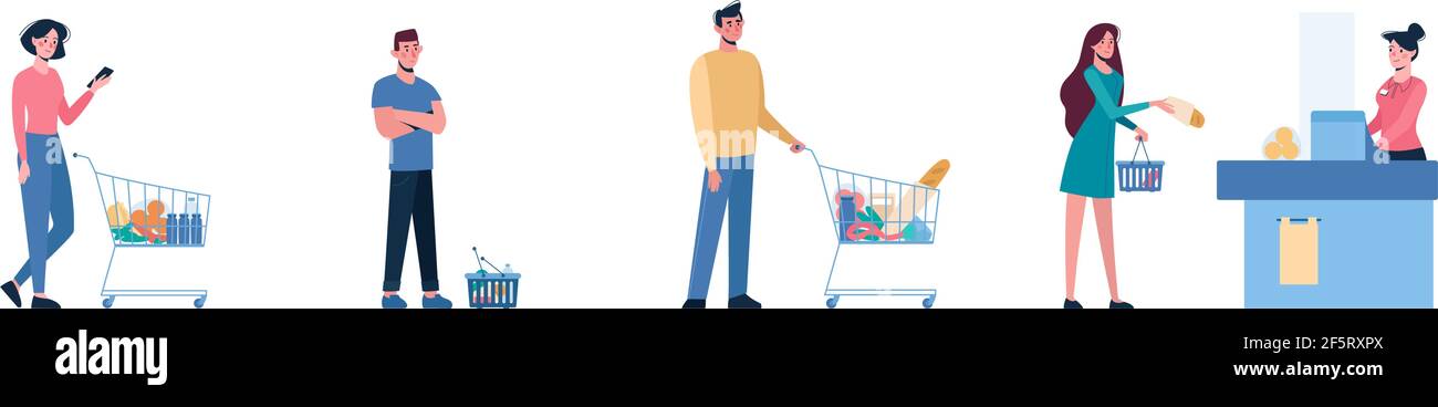 vector Illustration of several people standing in line to shop in supermarket and keep social distance, so as not to spread virus,COVID-19. Men and women stand in front of cash register, with carts Stock Vector