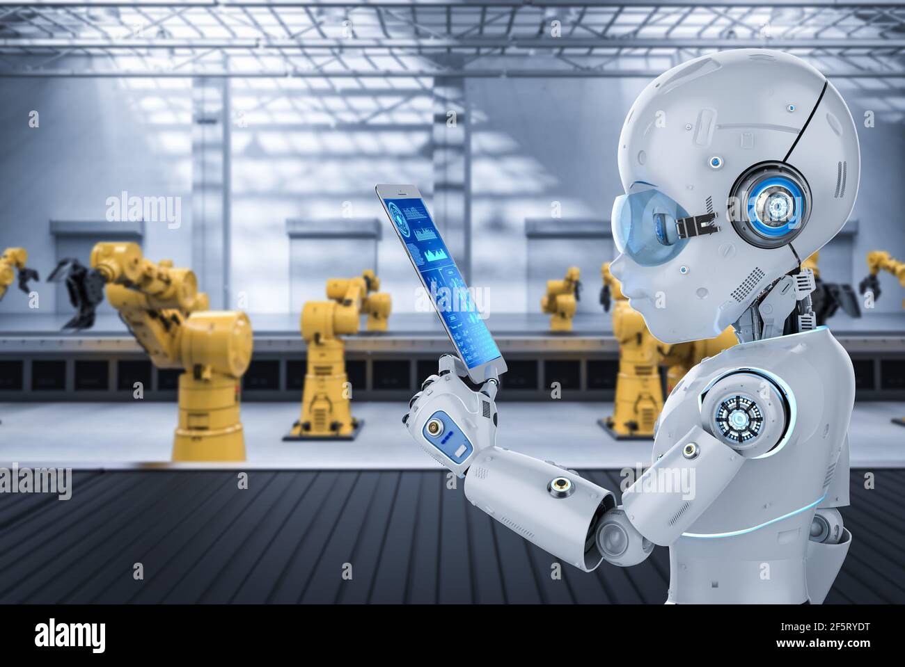 Automation factory concept with 3d rendering cute robot with robot arm in factory Stock Photo