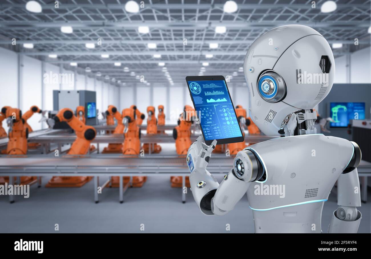 Automation factory concept with 3d rendering cute robot with robot arm in factory Stock Photo