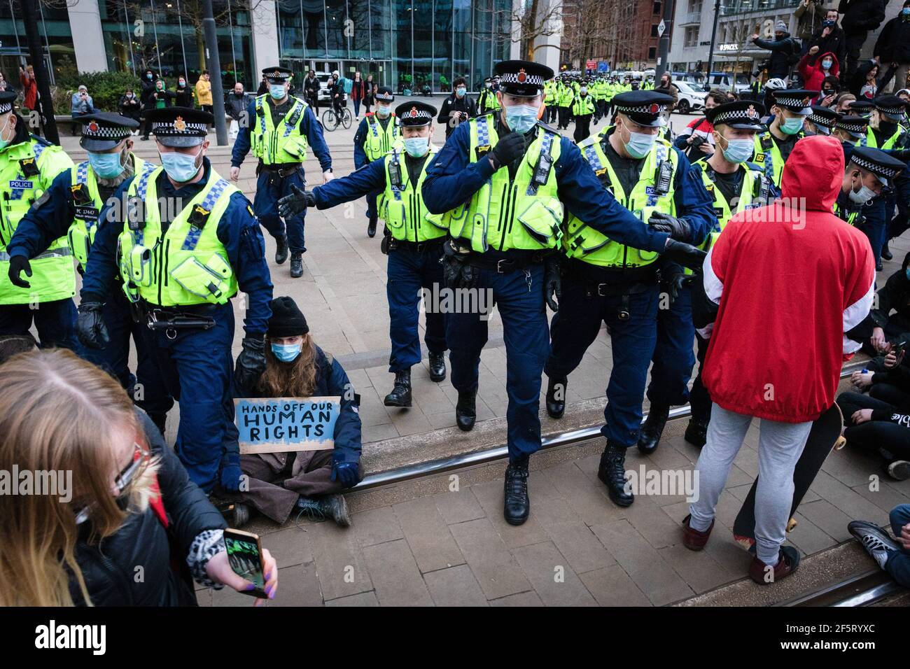 Manchester, UK. 27th Mar, 2021. Police arriving at St Peters Square during the demonstration. People come out to the streets to protest against the new policing bill in a 'Kill The Bill demonstration'. The new legislation will give the police more powers to control protests. Credit: SOPA Images Limited/Alamy Live News Stock Photo